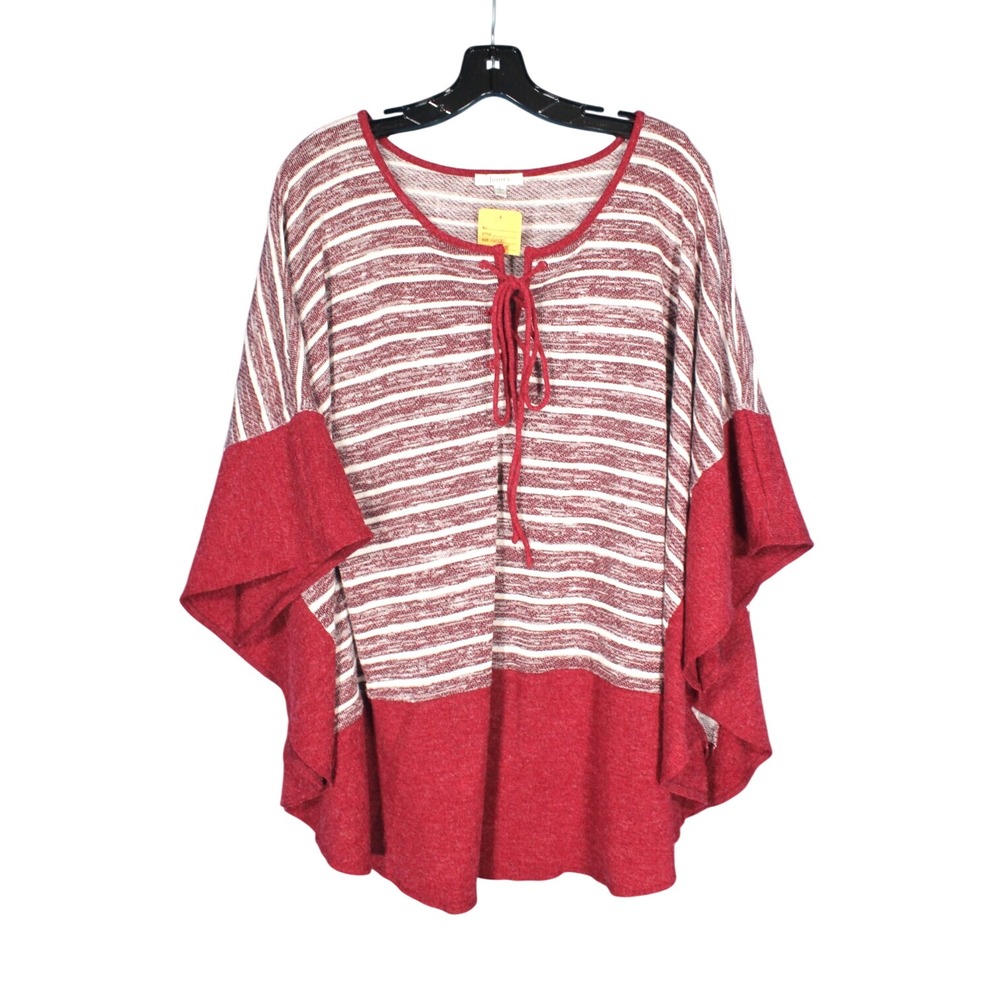JODIFL Maroon STRIPES Tie V-Neck KNIT SWEATER Poncho/Caftan/Tunic Top Sz L